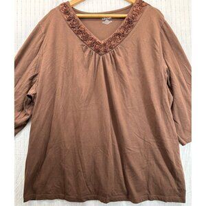 Liz & Me Womens Top 3X Plus Brown Tunic Roses Applique CottageCore GlamMa Femme
